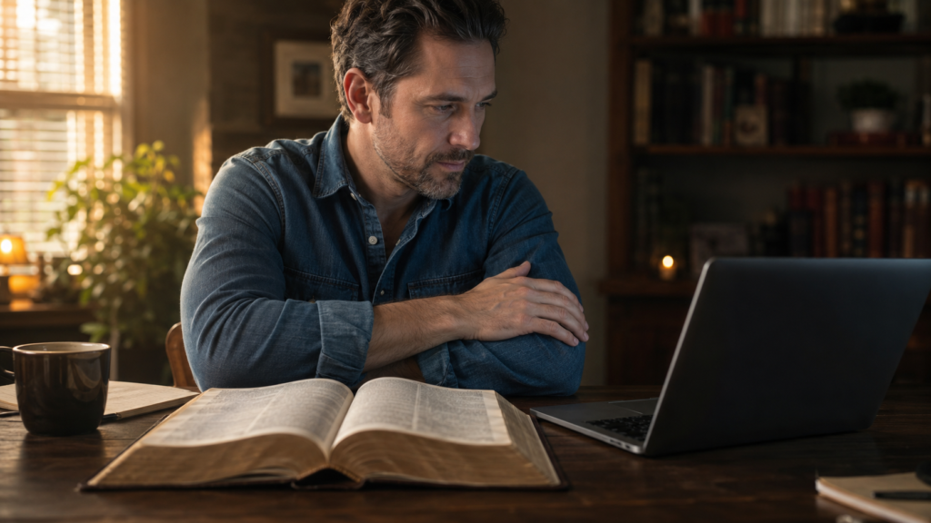 A Christian comparing an AI chat response with an open Bible.